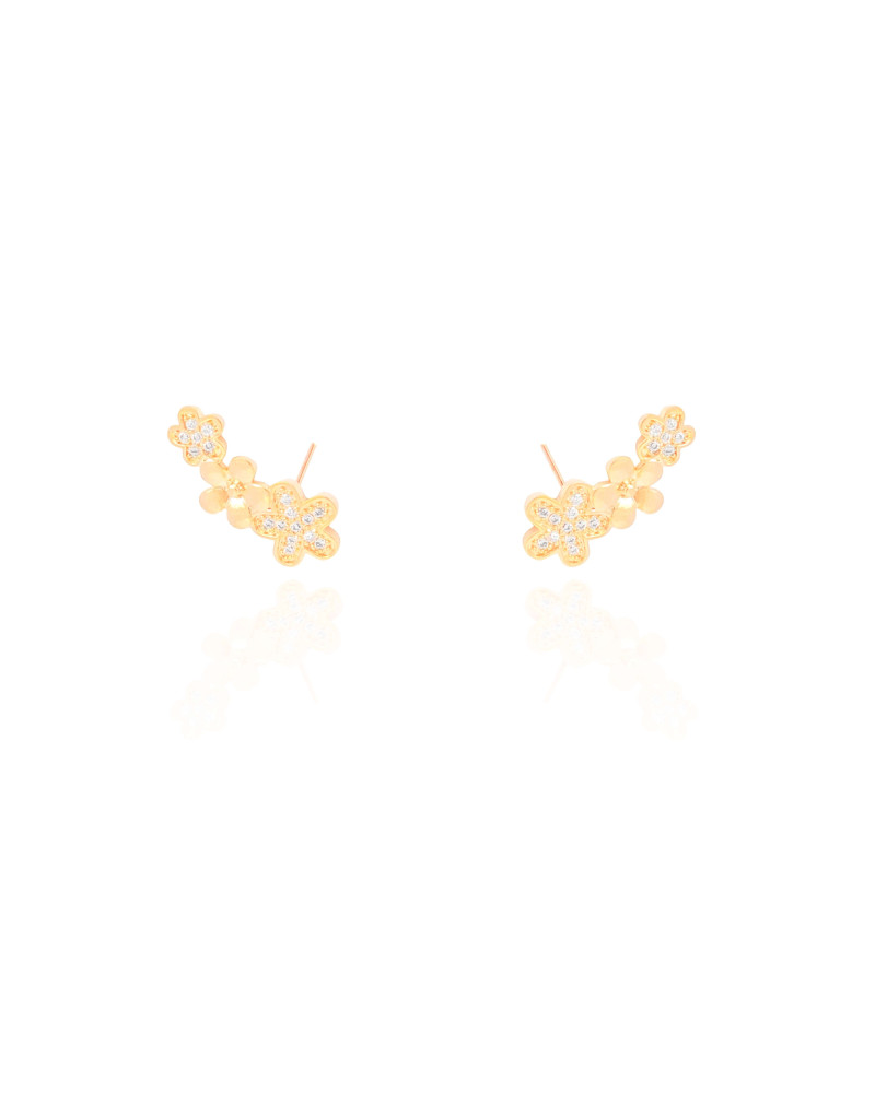 Ear Cuff Flores Lisas e Cravejadas Cristal Banhado a Ouro 18K