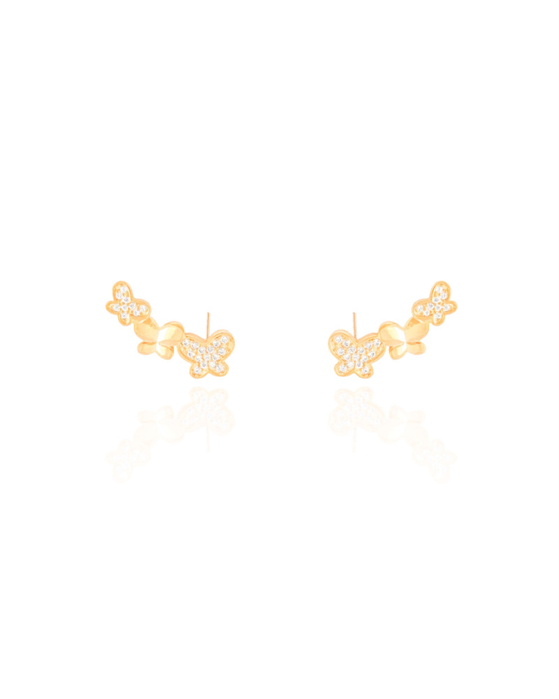 Ear Cuff Borboletas Lisas e Cravejadas Cristal Banhado a Ouro 18K