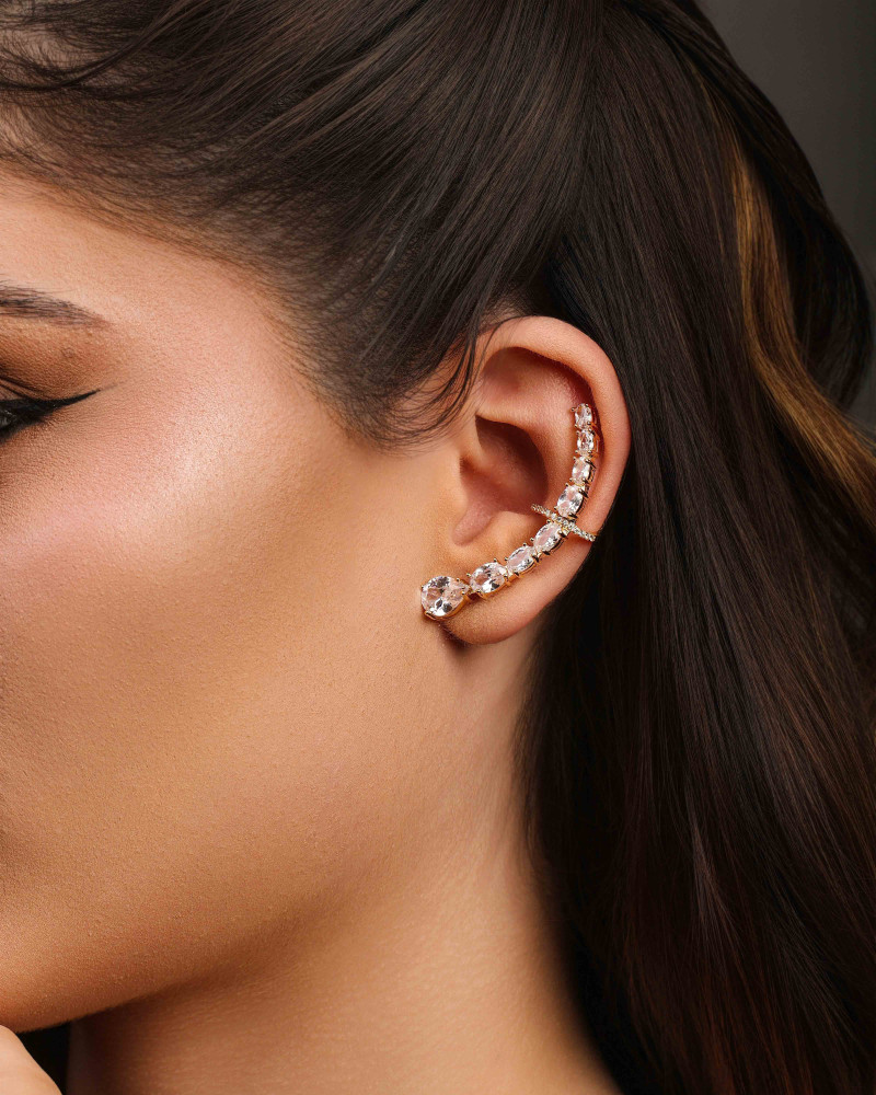 Ear Cuff Pontos de Luz Ovais Cravejado Cristal Banhado a Ouro 18K