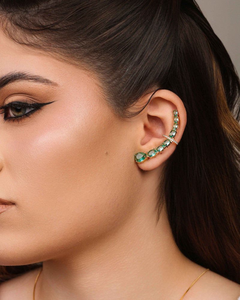 Ear Cuff Pontos de Luz Ovais Turmalina Cravejado Cristal Banhado a Ouro 18K