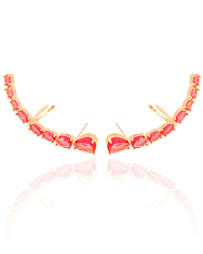 Ear Cuff Pontos de Luz Ovais Rubi Cravejado Cristal Banhado a Ouro 18K