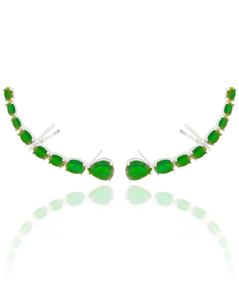 Ear Cuff Pontos de Luz Ovais Esmeralda Cravejado Cristal Ródio Branco