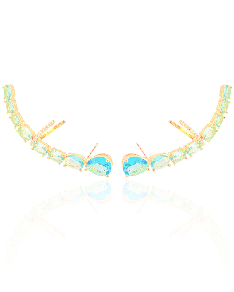 Ear Cuff Pontos de Luz Ovais Topázio Sky Cravejado Cristal Banhado a Ouro 18K