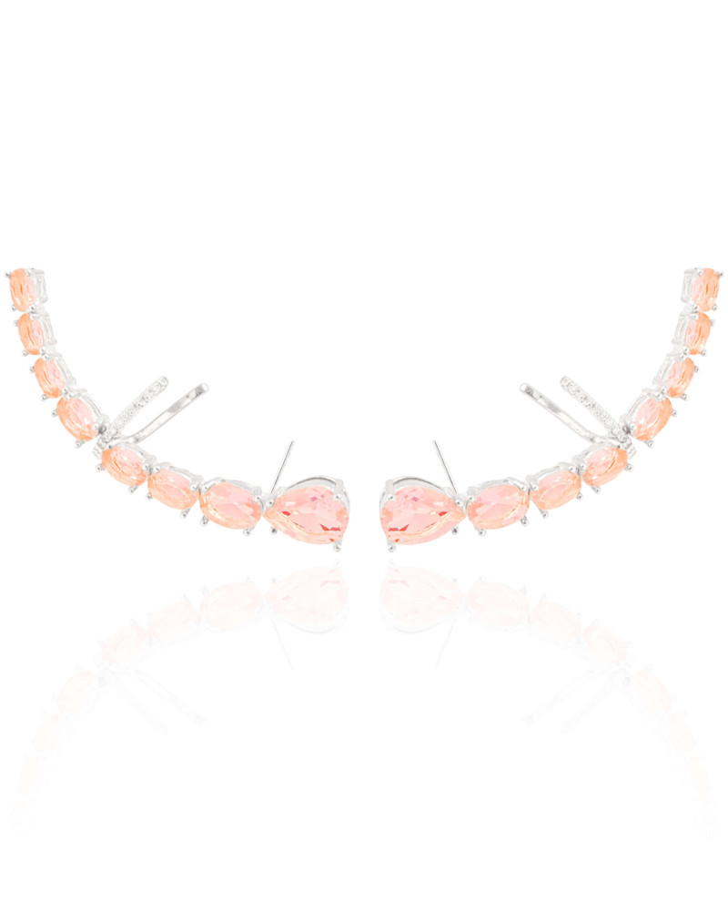 Ear Cuff Pontos de Luz Ovais Safira Rosa Cravejado Cristal Ródio Branco