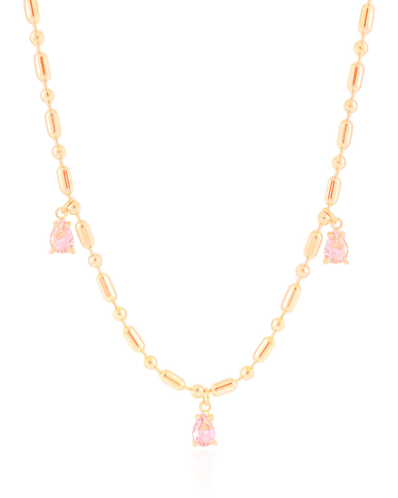 Gargantilha Gomos Gotas Safira Rosa Banhado a Ouro 18K - 40 cm