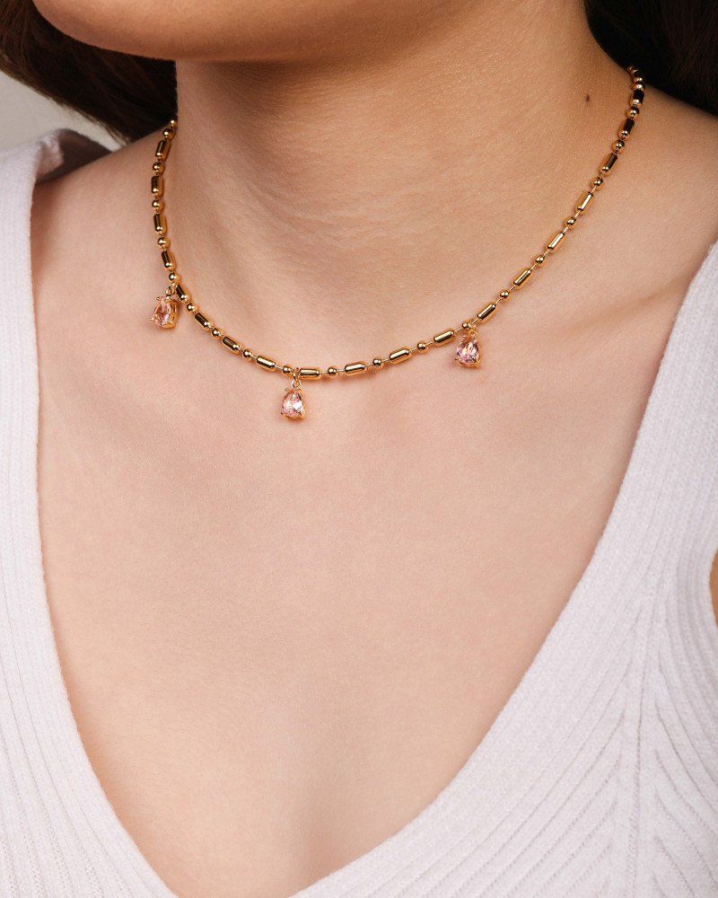 Gargantilha Gomos Gotas Safira Rosa Banhado a Ouro 18K - 40 cm