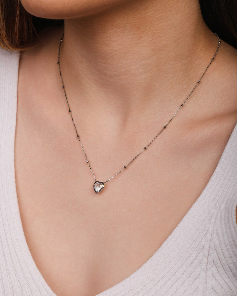 Gargantilha Veneziana Bolinhas Coração Cristal Ródio Branco - 45 cm