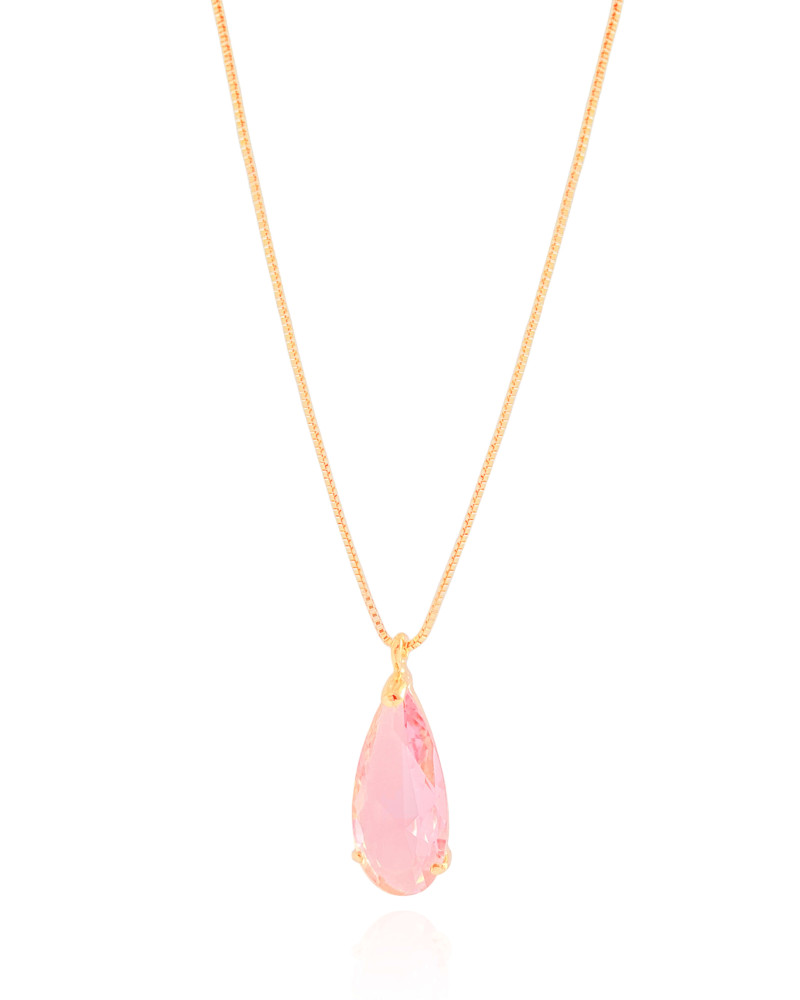 Gargantilha Longa Gota Safira Rosa 2.6 cm Banhado a Ouro 18K - 60 cm