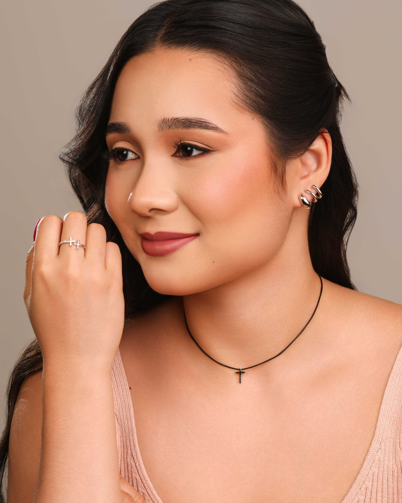 Anel Ajustável Cruz Cravejada e Lisa Tamanho G Ródio Branco