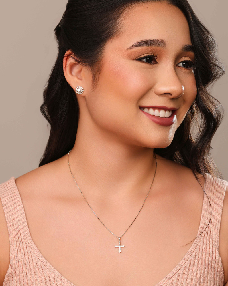 Brinco Flor Baguetes Ponto de Luz Cristal Ródio Branco