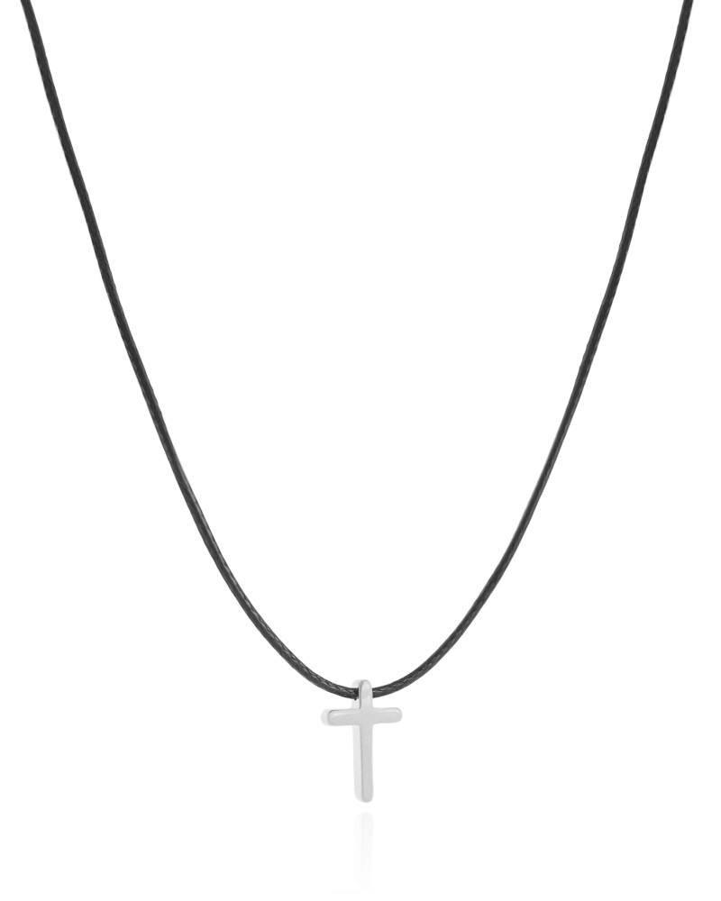 Choker Fio Coreano Preto Cruz Lisa Ródio Branco