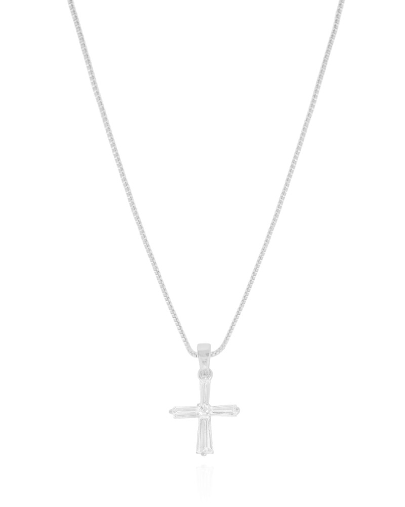 Gargantilha Veneziana Cruz Baguetes Cristal Ródio Branco - 45 cm