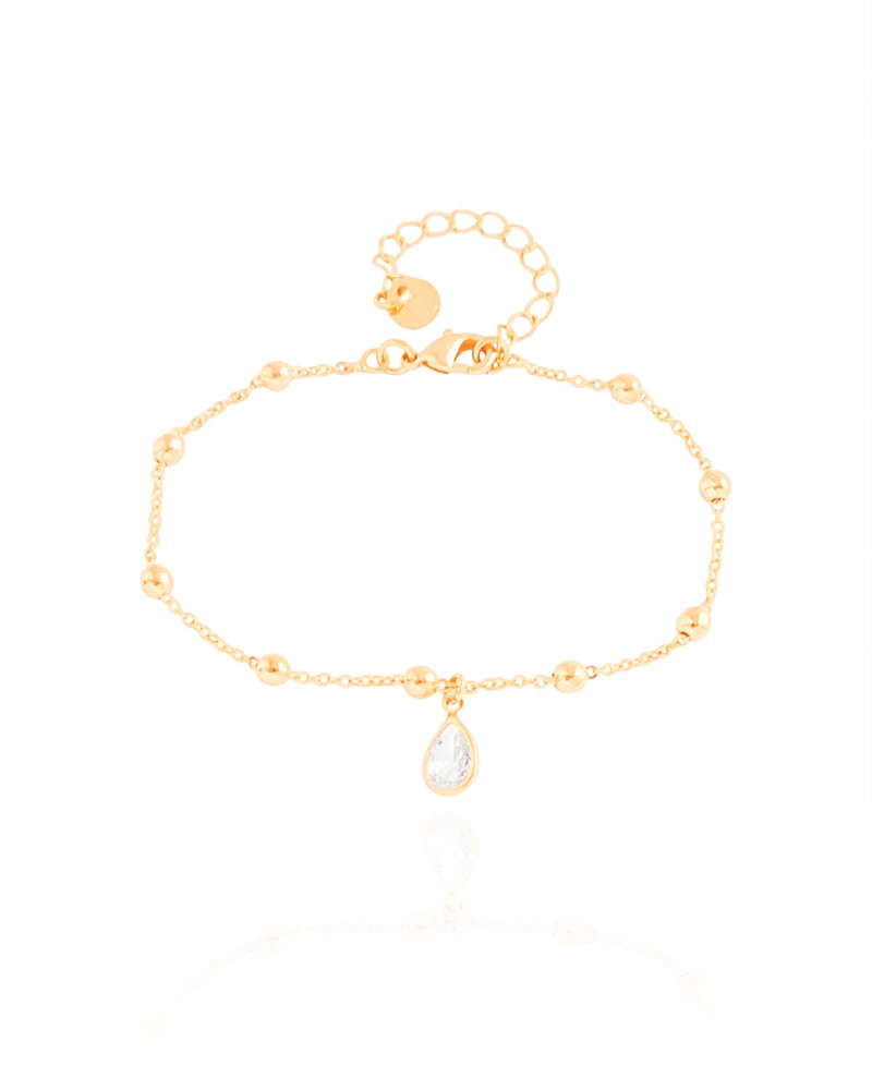 Pulseira Elos Bolinhas Gota Cristal Banhado a Ouro 18K
