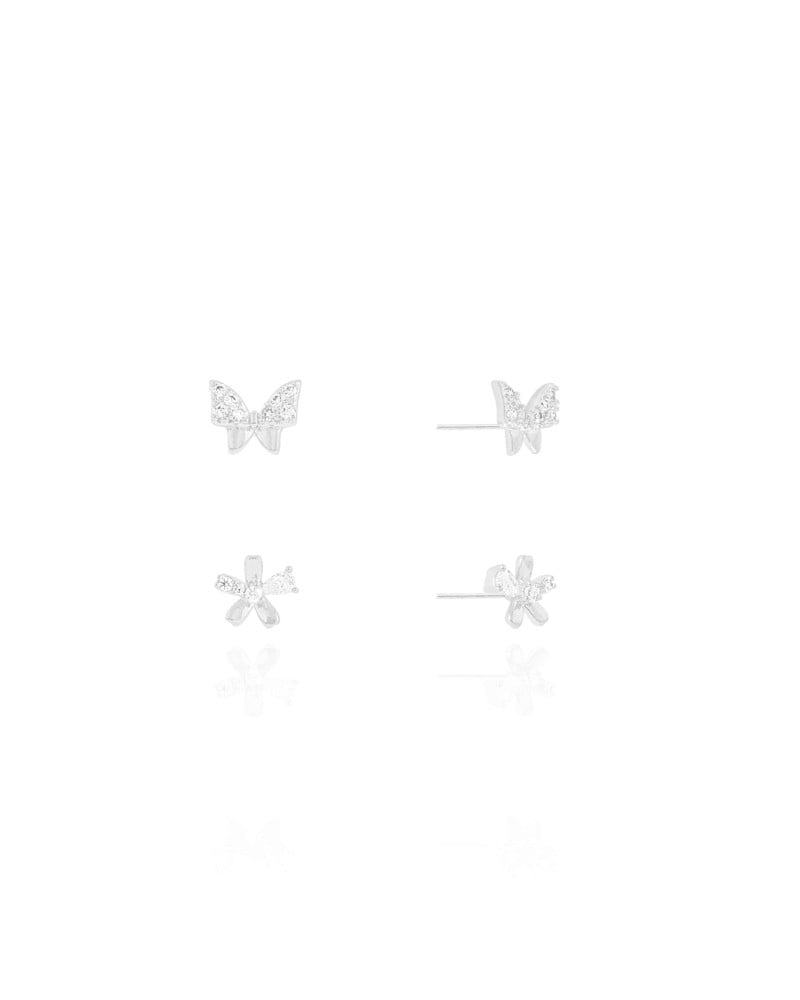 Brinco Duplo Borboleta e Flor Cravejado Cristal Ródio Branco