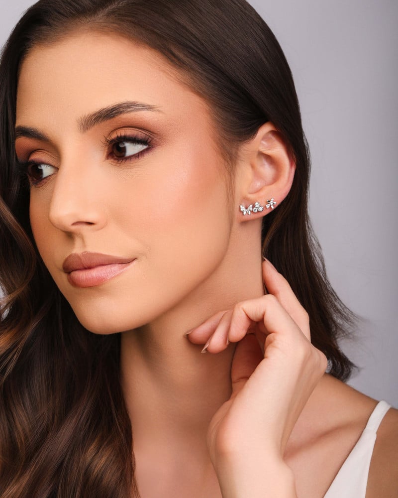 Brinco Ponto de Luz Triplo Cristal Ródio Branco