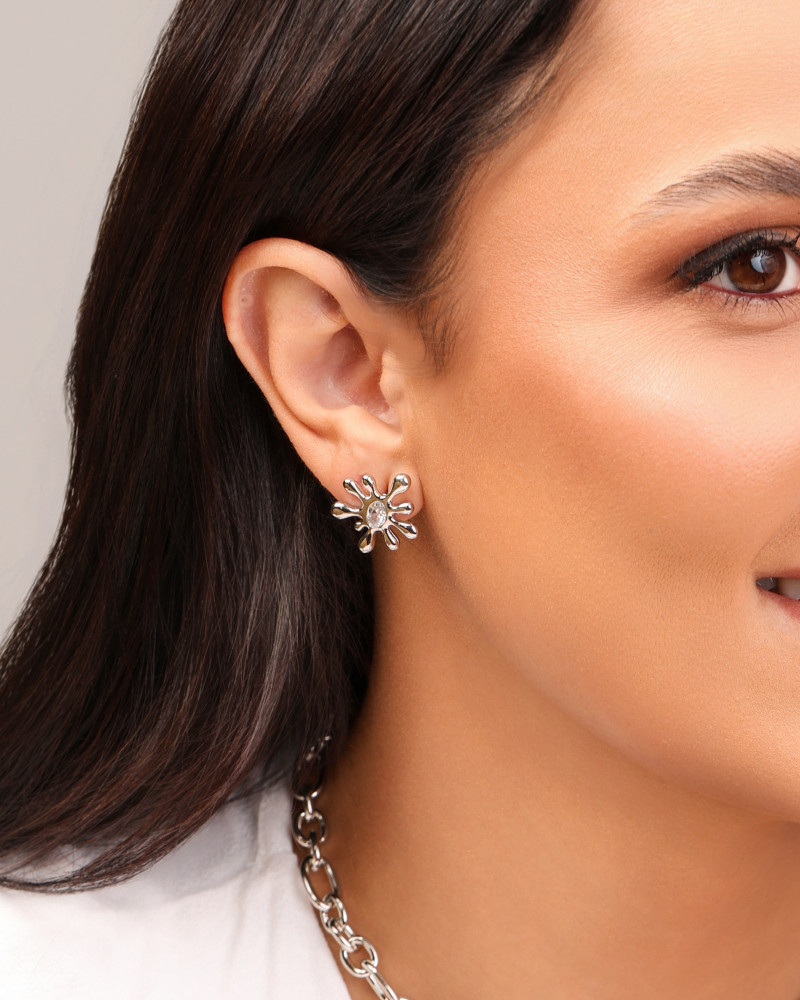 Brinco Orgânico Splash Ponto de Luz Oval Cristal Ródio Branco