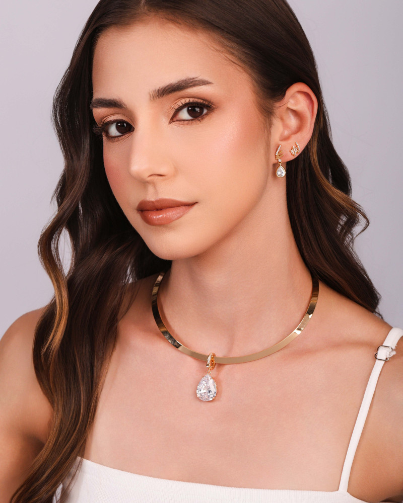 Brinco Fieletes Lisos e Cravejado Gota Cristal Banhado a Ouro 18K