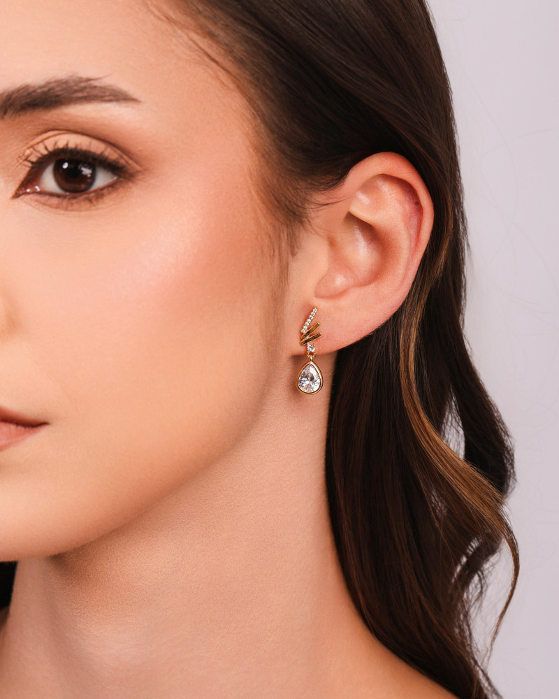 Brinco Fieletes Lisos e Cravejado Gota Cristal Banhado a Ouro 18K