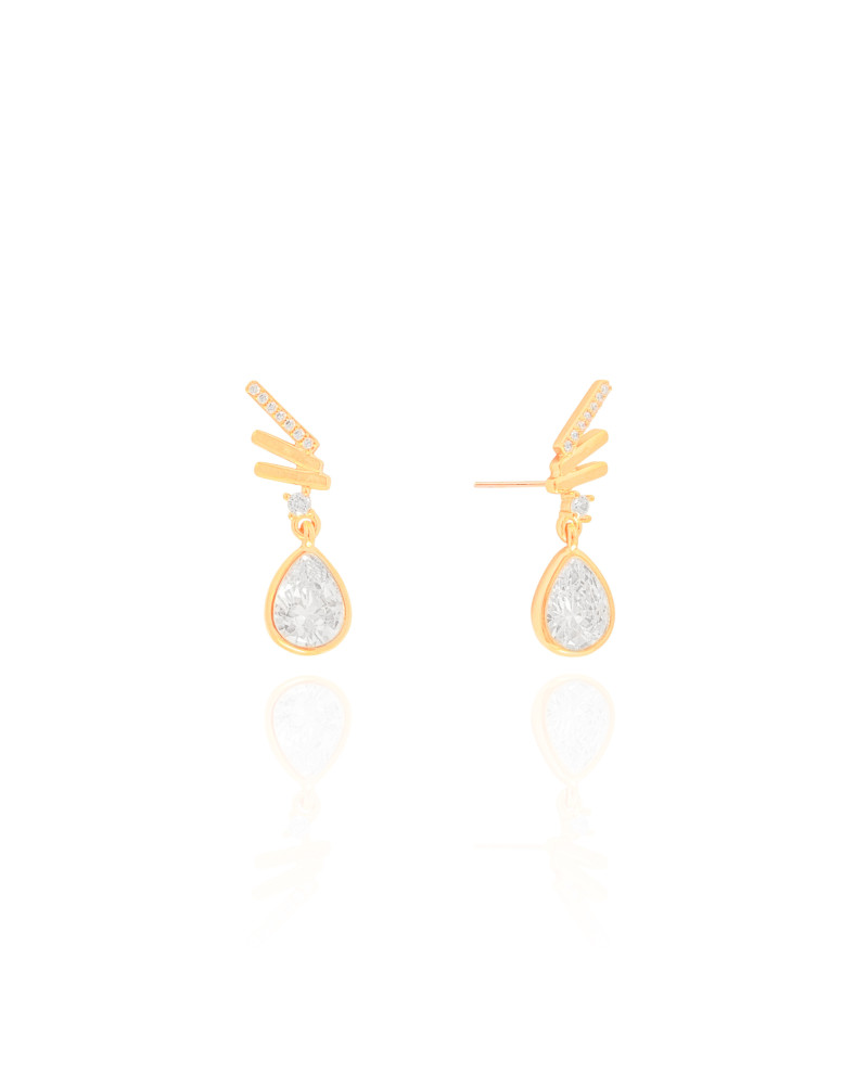 Brinco Fieletes Lisos e Cravejado Gota Cristal Banhado a Ouro 18K