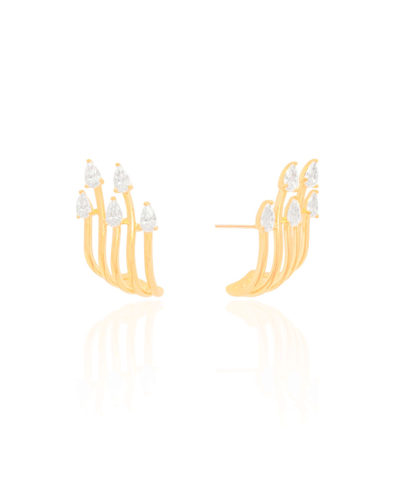 Ear Hook Filetes Gotas Cristal Banhado a Ouro 18K