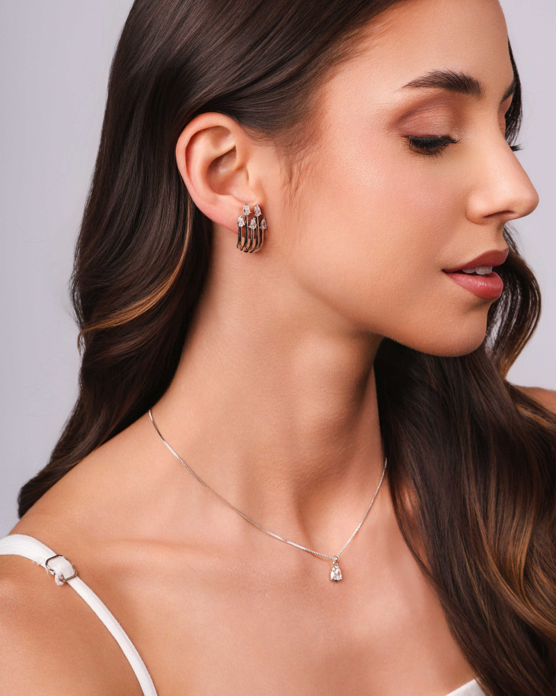 Ear Hook Filetes Gotas Cristal Ródio Branco