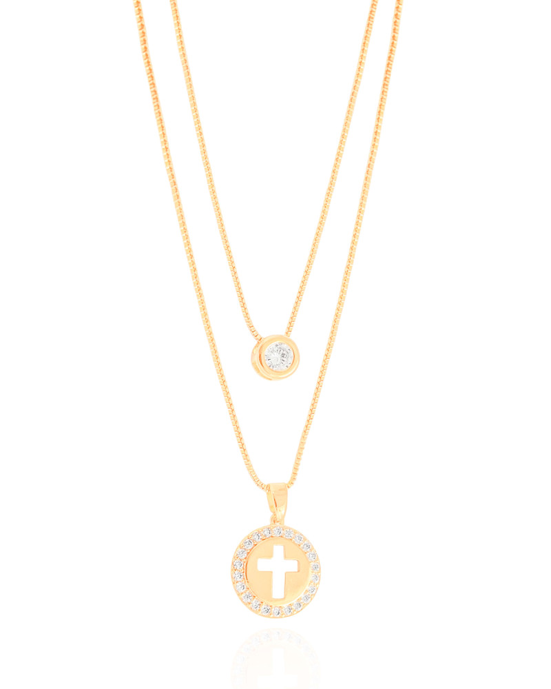 Gargantilha Dupla Veneziana Cruz e Ponto de Luz Cristal Banhado a Ouro 18K