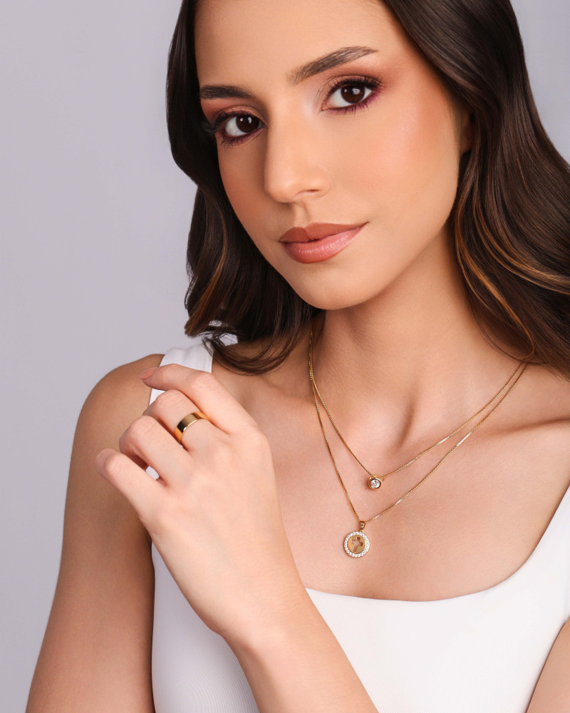 Gargantilha Dupla Veneziana Cruz e Ponto de Luz Cristal Banhado a Ouro 18K