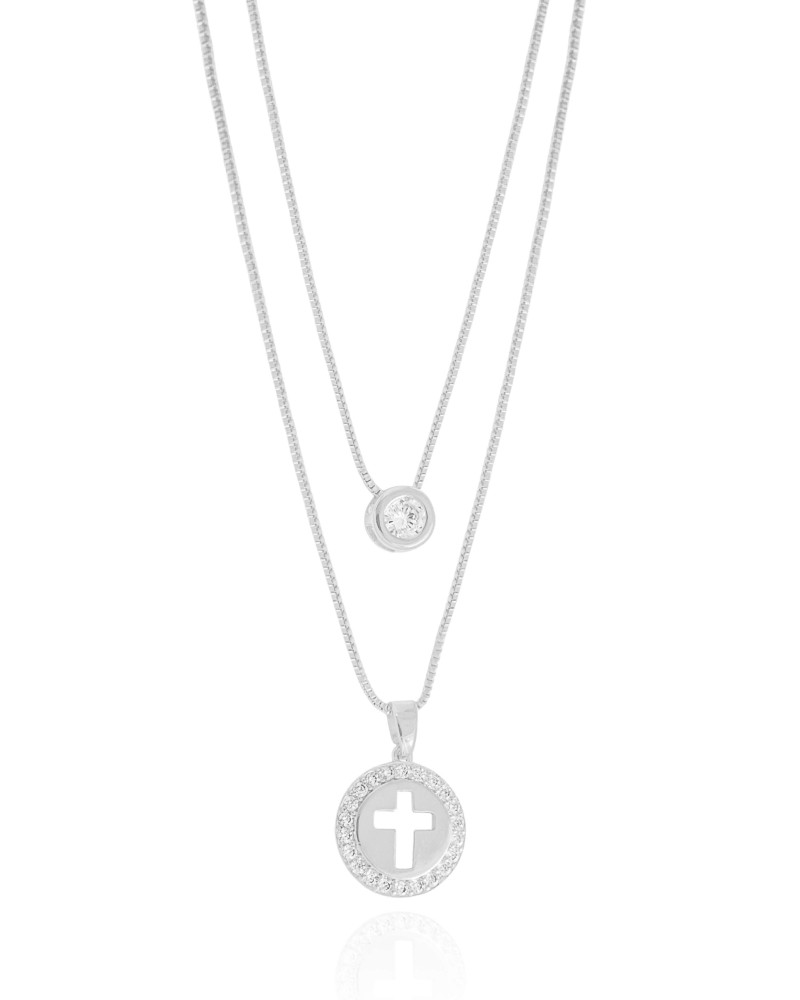 Gargantilha Dupla Veneziana Cruz e Ponto de Luz Cristal Ródio Branco