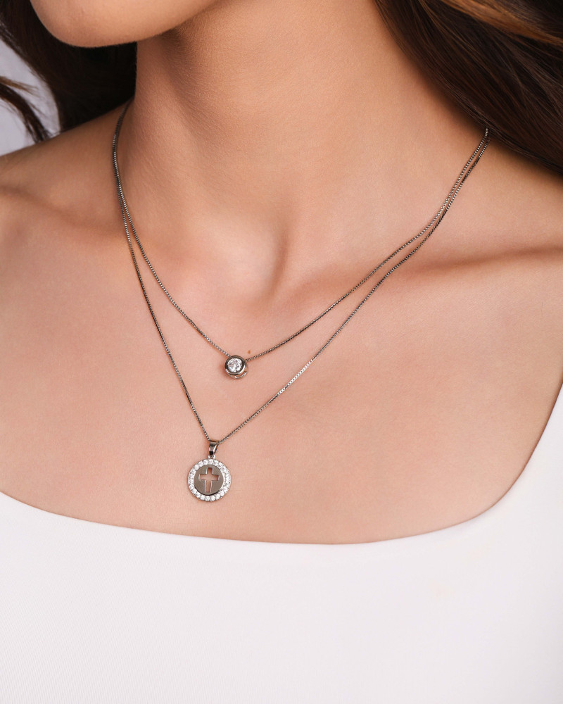 Gargantilha Dupla Veneziana Cruz e Ponto de Luz Cristal Ródio Branco