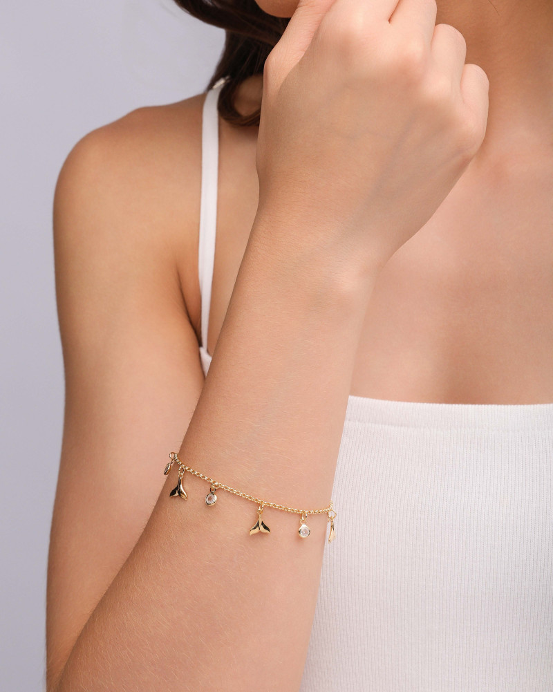 Pulseira Elos Caudas de Sereia Pontos de Luz Cristal Banhado a Ouro 18K