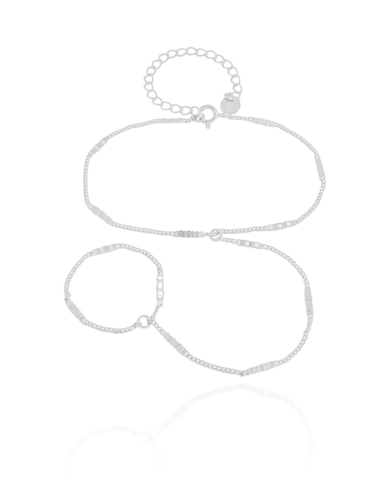 Pulseira Hand Chain Plaquinhas Detalhadas Ródio Branco