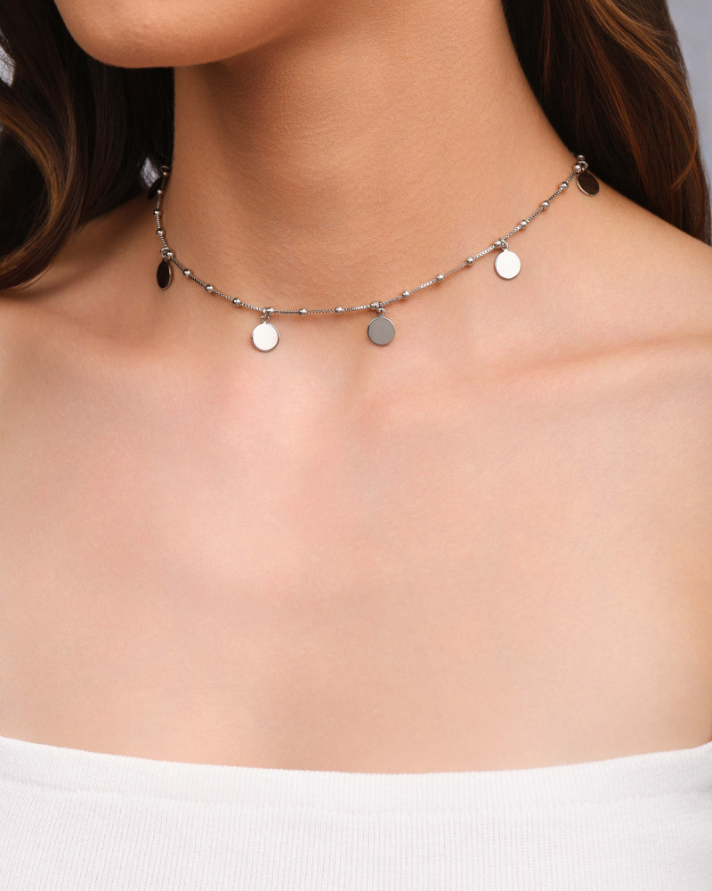Choker Bolinhas e Medalhas Lisas Ródio Branco