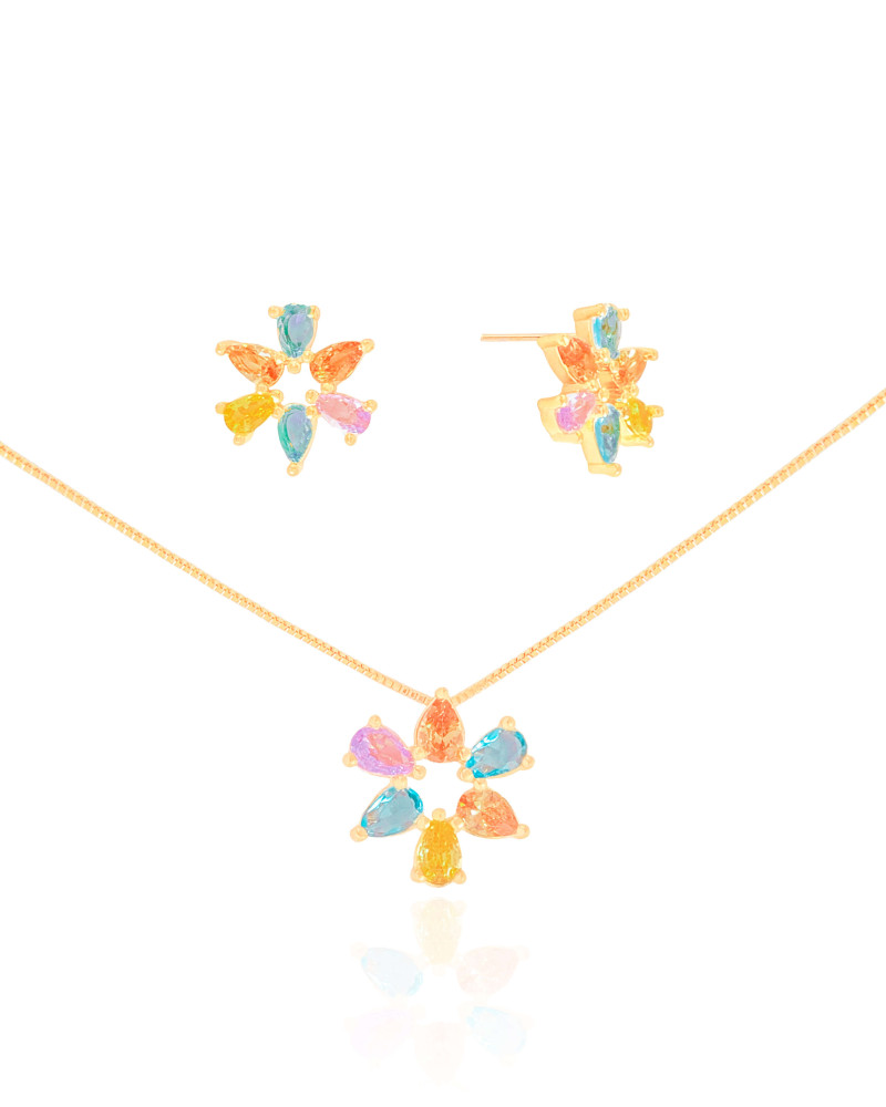Conjunto Mandala Gotas Coloridas Banhado a Ouro 18K