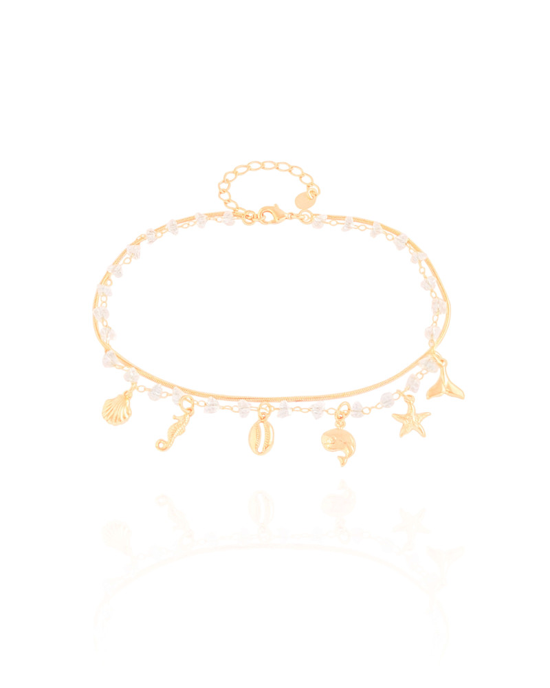 Tornozeleira Dupla Cristais Pingentes Fundo do Mar Banhado a Ouro 18K