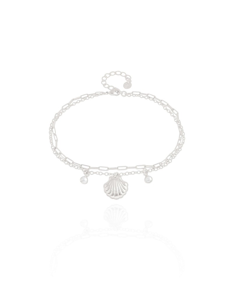 Tornozeleira Dupla Elos Concha e Pérolas Ródio Branco