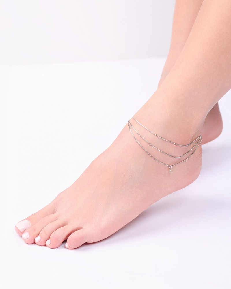 Tornozeleira Tripla Veneziana Ponto de Luz Cristal Ródio Branco