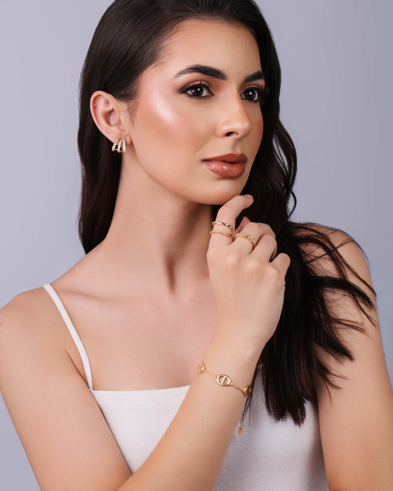 Anel Ajustável Duplo Detalhes Bolinhas Tamanho M Banhado a Ouro 18K