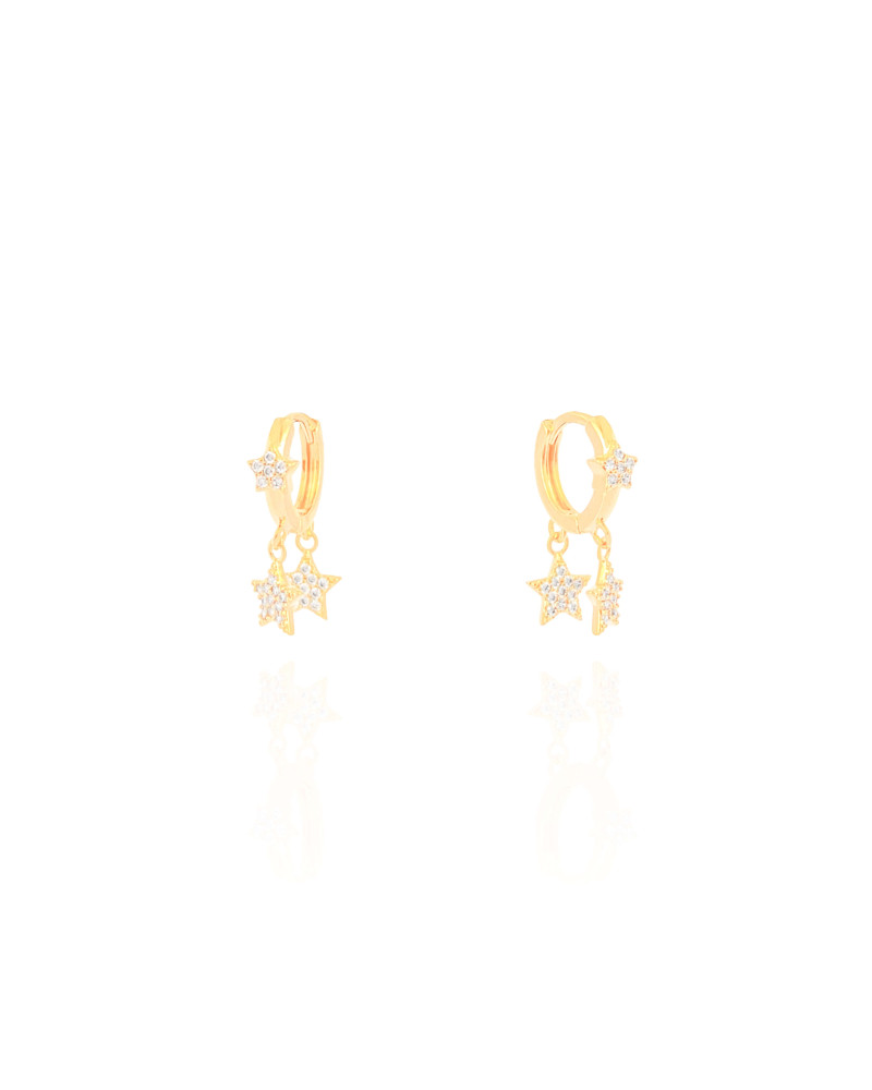 Brinco Argola Click Estrelas Cravejadas Cristal 1.9 cm Banhado a Ouro 18K