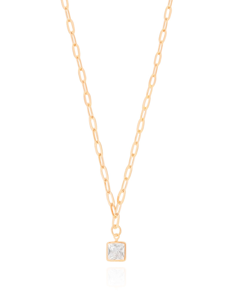 Gargantilha Elos Ponto de Luz Quadrado Cristal Banhado a Ouro 18K - 40 cm