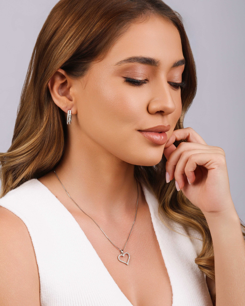 Brinco Argola Dois Filetes Cravejados Cristal 1.9 cm Ródio Branco