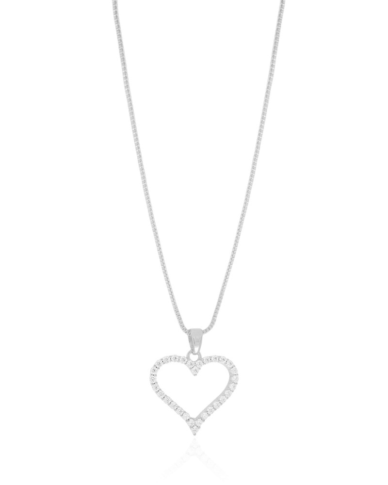 Gargantilha Veneziana Coração Cravejado Cristal Ródio Branco - 45 cm