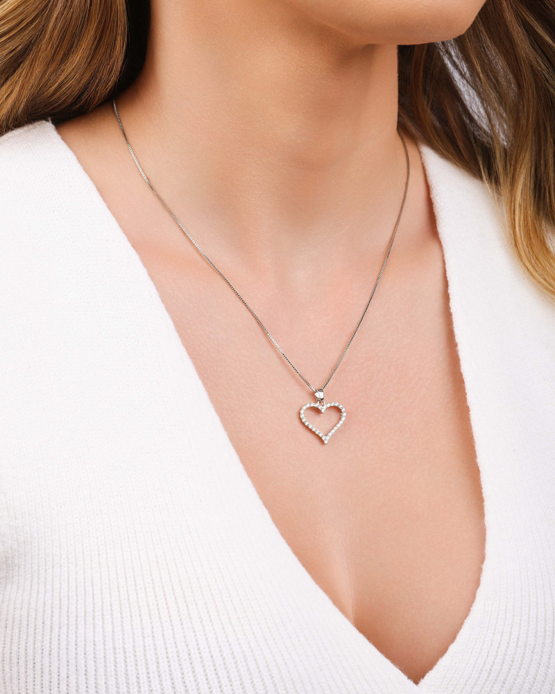 Gargantilha Veneziana Coração Cravejado Cristal Ródio Branco - 45 cm