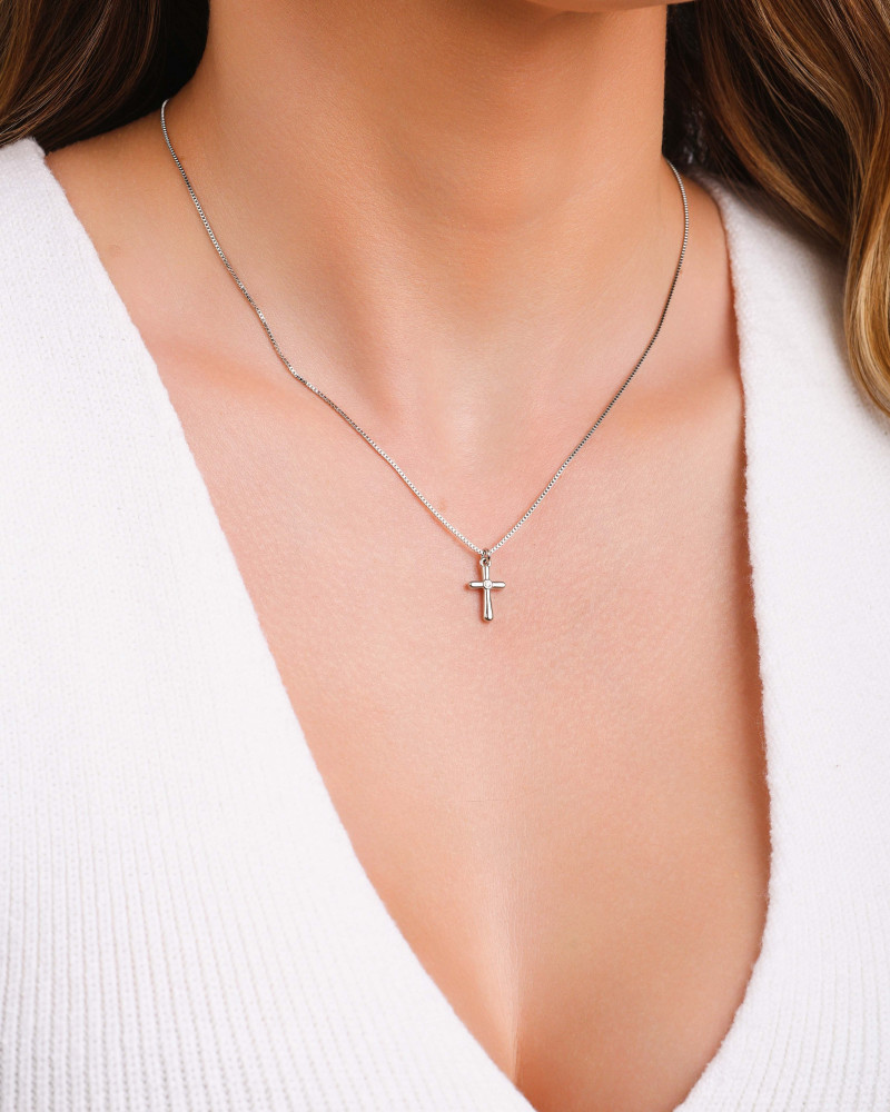 Gargantilha Veneziana Cruz Ponto de Luz Cristal Ródio Branco - 40 cm