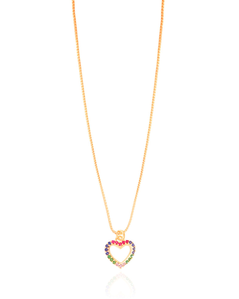 Gargantilha Veneziana Coração Cravejado Colorido Banhado a Ouro 18K - 40 cm