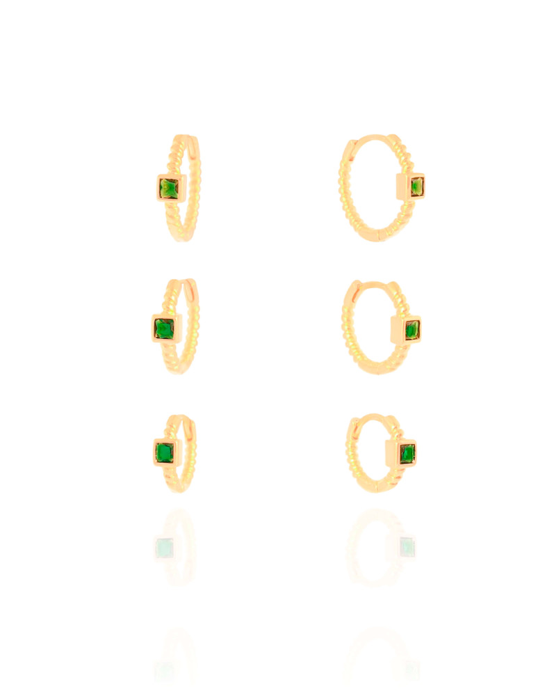 Trio de Argolas Pontos de Luz Quadrados Esmeralda Banhado a Ouro 18K