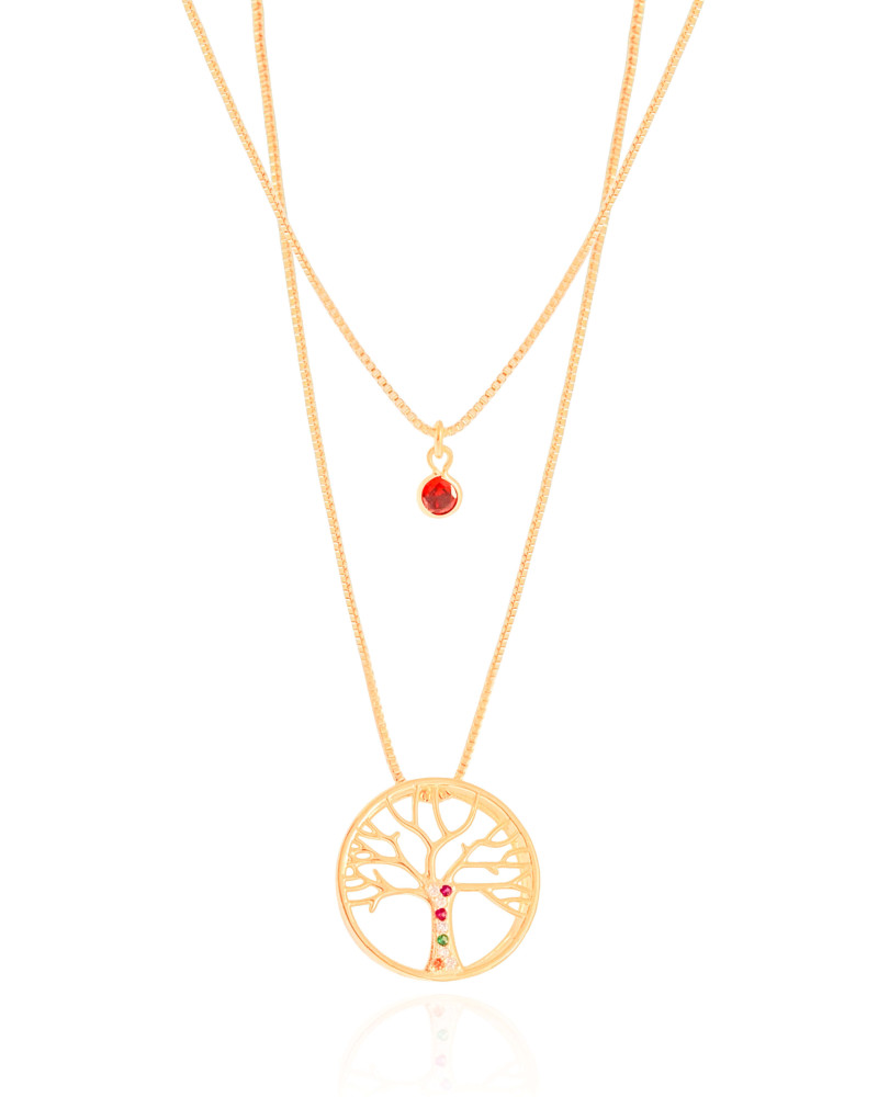 Gargantilha Dupla Árvore da Vida e Ponto de Luz Rubi Banhado a Ouro 18K