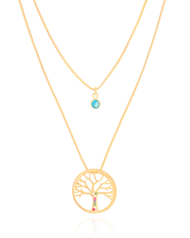 Gargantilha Dupla Árvore da Vida e Ponto de Luz Topázio Banhado a Ouro 18K