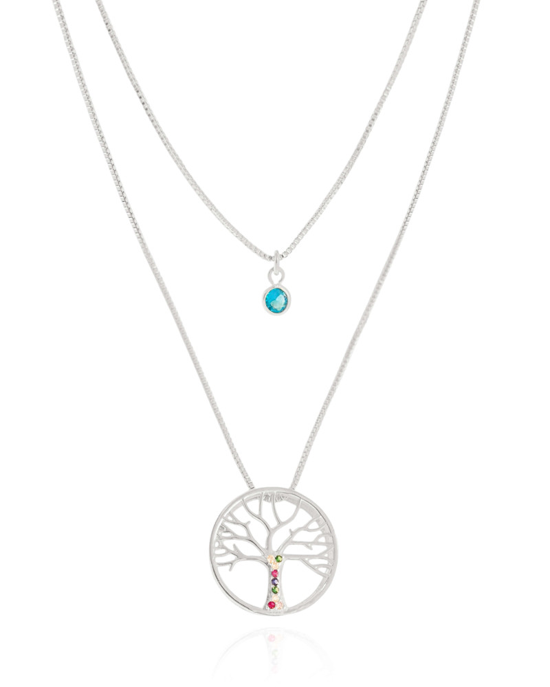 Gargantilha Dupla Árvore da Vida e Ponto de Luz Topázio Ródio Branco