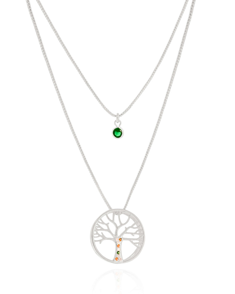 Gargantilha Dupla Árvore da Vida e Ponto de Luz Esmeralda Ródio Branco