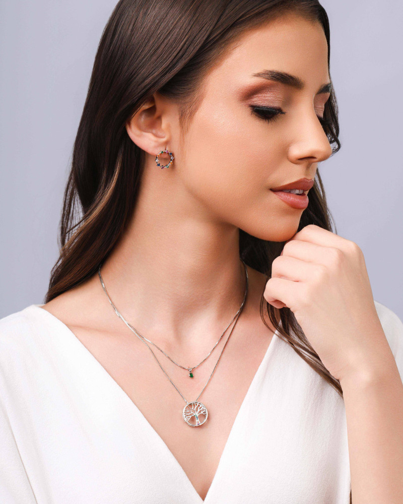 Gargantilha Dupla Árvore da Vida e Ponto de Luz Esmeralda Ródio Branco